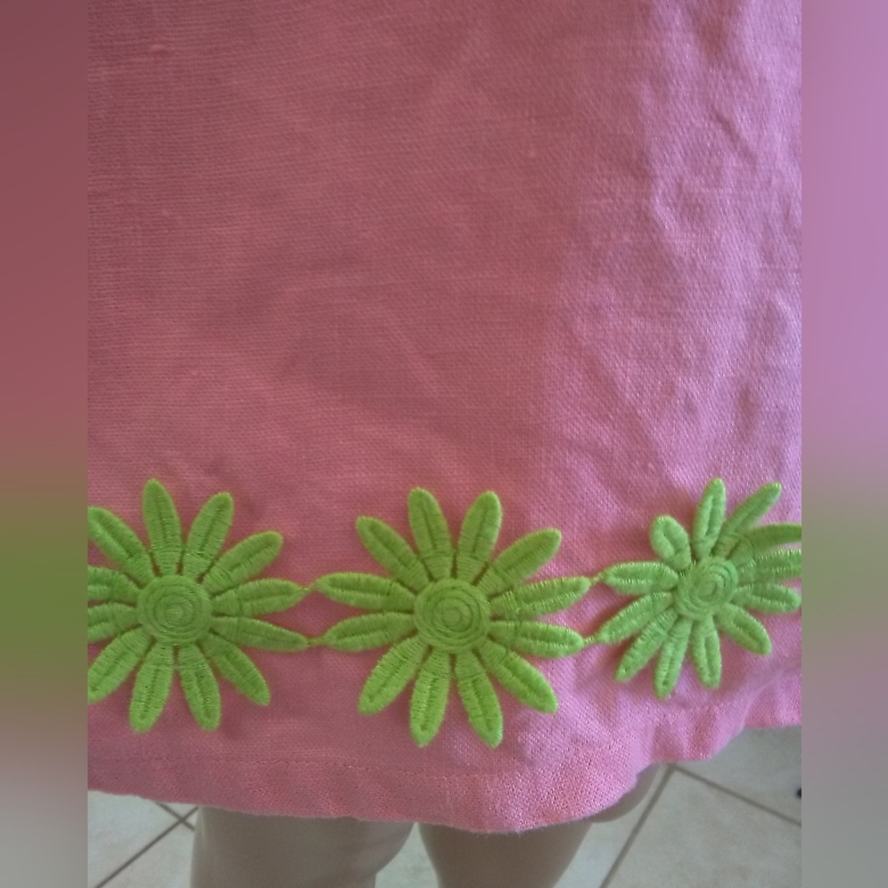 NWOT SAIL TO SABLE LINEN Pink Mini Dress Green Floral Embroidery Sz XS PTP 18-19 - Picture 4 of 8